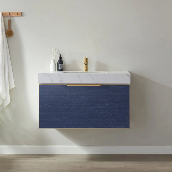 White Sintered Stone Countertop and Undermount Single Sink - Classic blue